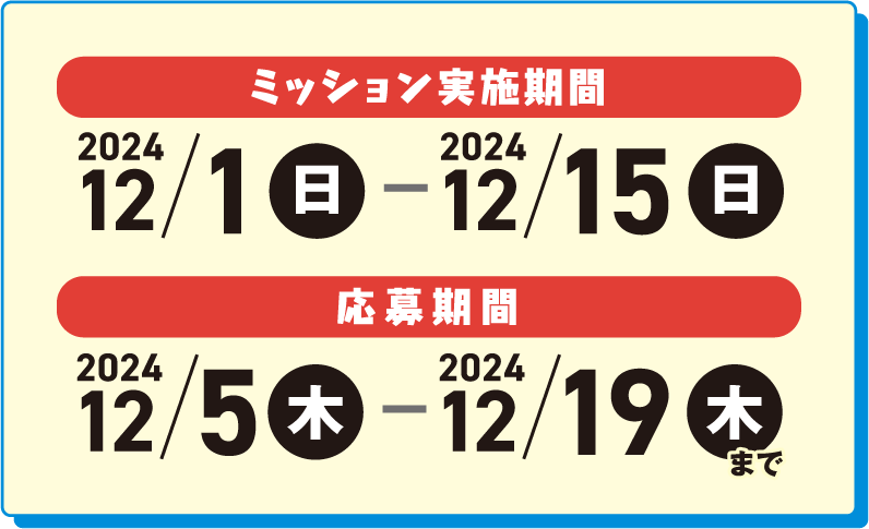 ミッション実施期間 2024/12/1（日）〜12/15（日）、応募期間 2024/12/5（木）〜12/19（木）まで