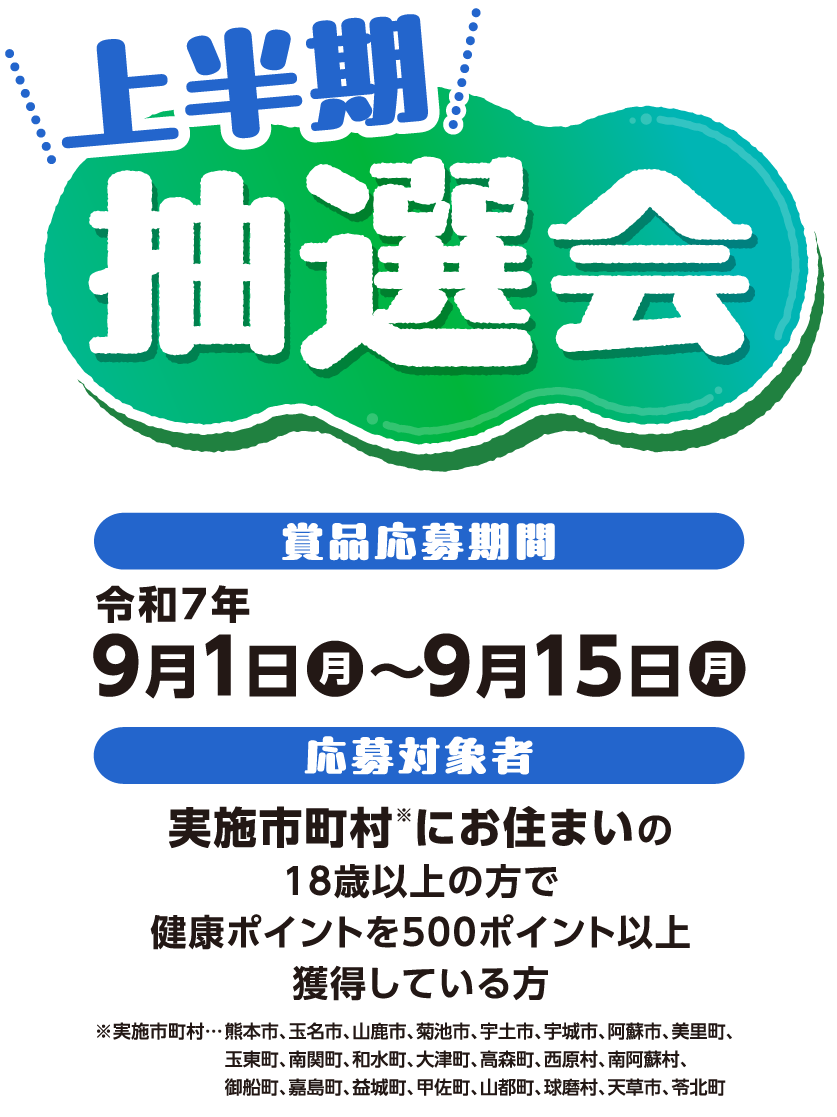 上半期抽選会　賞品応募期間：令和7年9月1日（月）〜9月15日（月）　応募対象者：連携市町村にお住まいの18歳以上の方で健康ポイントを500ポイント以上獲得している方